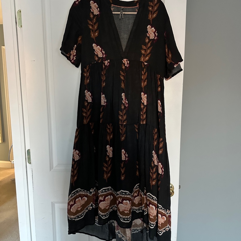 Anthropologie Black and Pink Floral Midi Beach Dress